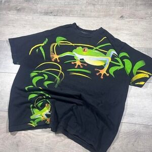 Vintage Y2K 90s rare gray, green and black frog all over print nature T-shirt,